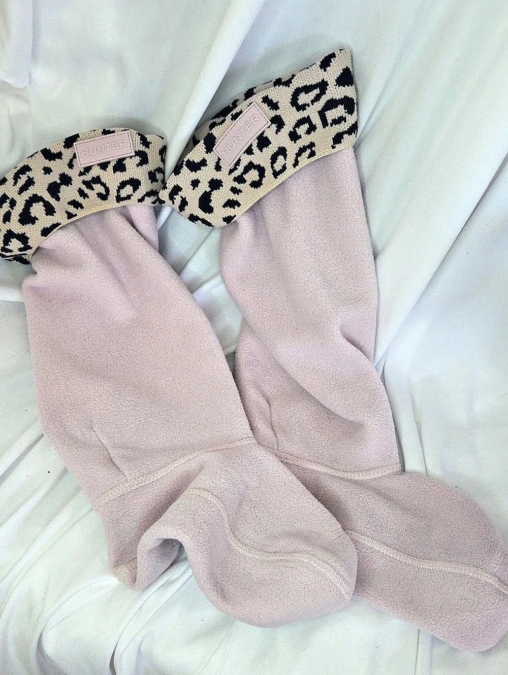 Hunter Original Tall Fleece Boot Socks Lilac Snow Leopard Knit Cuff
